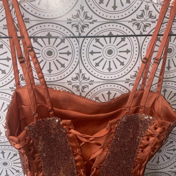 House of CB London Harley Lace Up Sequin Cocktail Mini Dress In Rose Gold - Picture 7 of 12